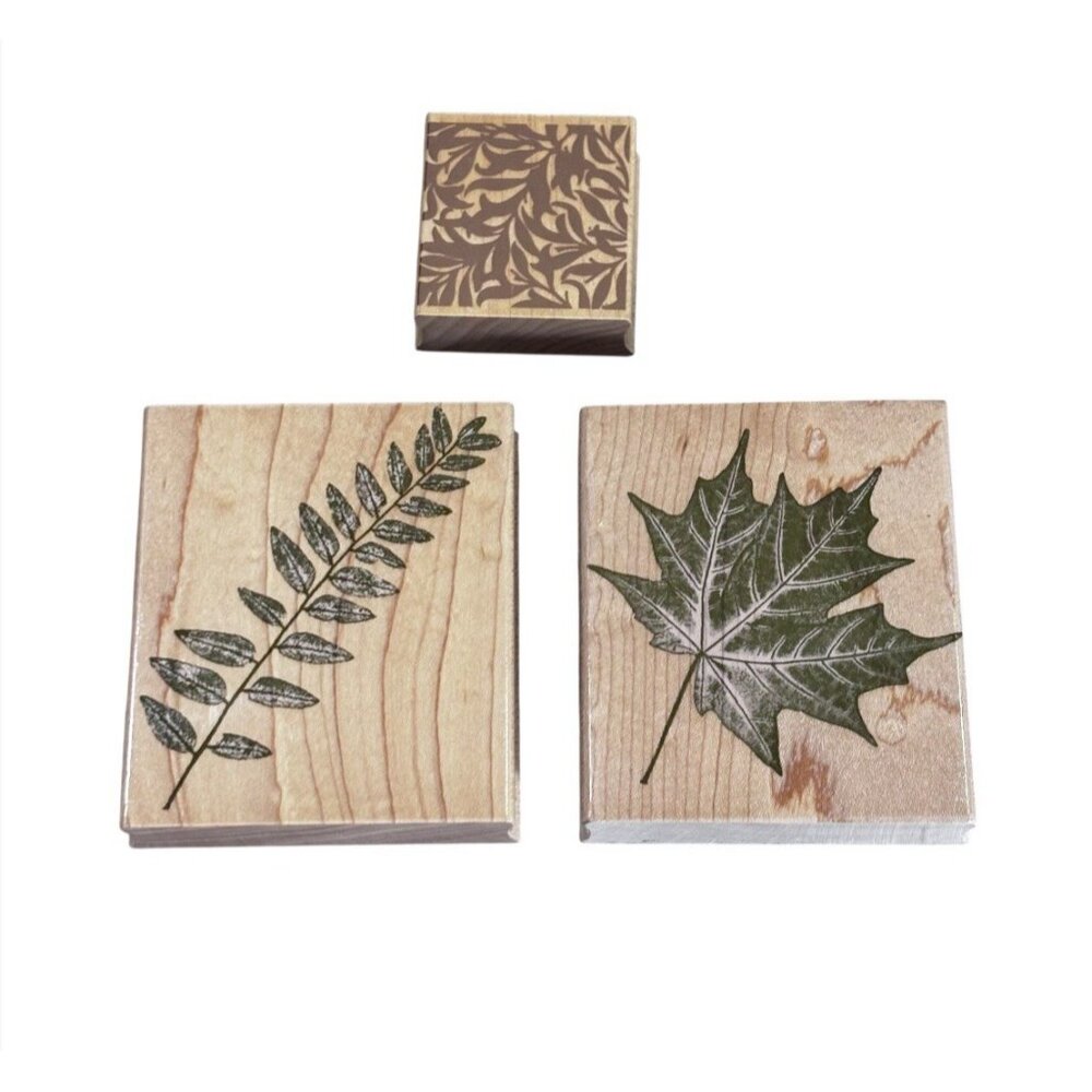 Lot 3 Rubber stamps wood mounted fall leaves 2 large 1 sm maple fern craft cards